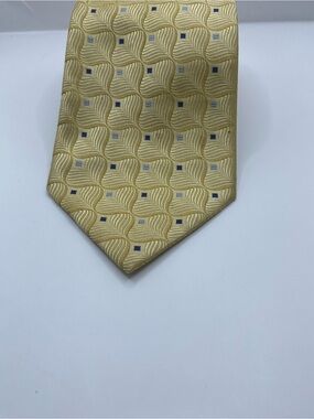 Brioni Gold Silk Tie with Blue Square Motif and Gold Clip